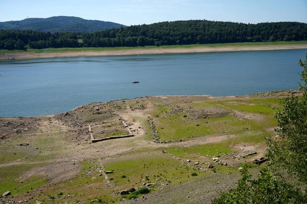 The foundation walls of the village of Berich at the bank of the Edersee reservoir near Waldeck, Germany