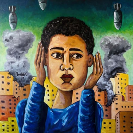painting of a person holding their hands over ears as explosions go off on buildings in background