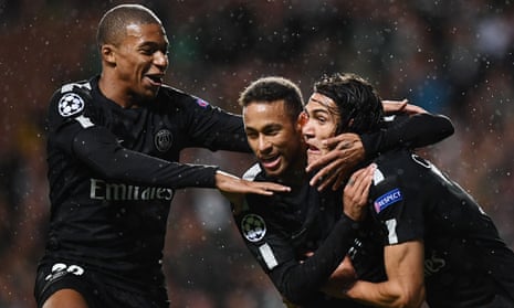 PSG’s Kylian Mbappé, left, Neymar, centre, and Edinson Cavani were all on the scoresheet as the most expensive strike force in history crushed Celtic. 