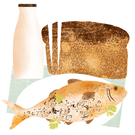Illustration of a dinner plate with fish, bread and a bottle of milk