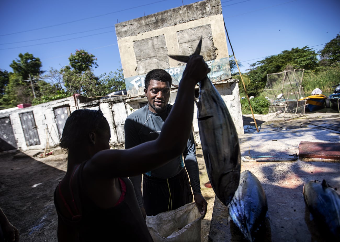 Spearfisherman Rick Walker, 35, sells his catch to a buyer at a fish market in White River