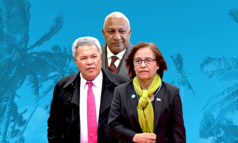 (L) Enele Sopoaga of Tuvalu, (M) Frank Bainimarama of Fiji, (R) Hilda Heine of the Marshall Islands.