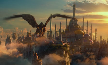 Warcraft (2016) still showing a flying dragon and a magical cityscape