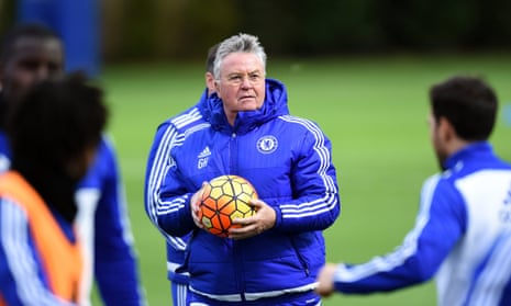 Chelsea’s interim manager, Guus Hiddink, conducts a training session at Cobham.