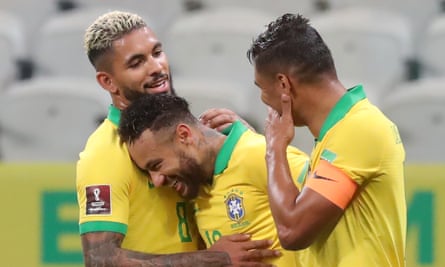 Douglas Luiz with Neymar (centre) and Thiago Silva during Brazil’s win over Bolivia last December.