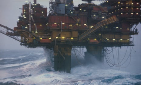 Shell's Brent Bravo oil rig in a North Sea storm