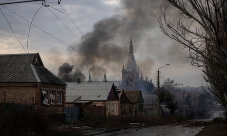Houses and a street damaged by a Russian military strike in Bakhmut in Donetsk region, Ukraine, 9 December 2022.