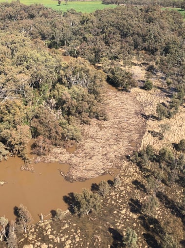 Aerial view of a ‘rubbish raft’ clogging the Macquarie River.