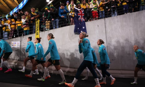 The Matildas head out for their pre-game warm up at Marvel Stadium.