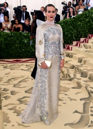 Heavenly being: Sarah Paulson wore an embroidered Prada gown.