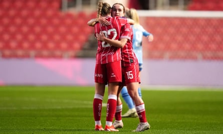 Bristol City’s Lisa Evans (left) and Jasmine Bull console each other at the final whistle
