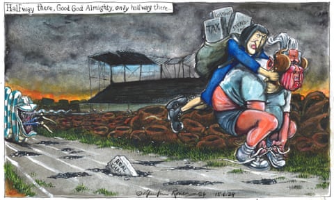 Martin Rowson on the election campaign reaching the halfway mark – cartoon, panel 1