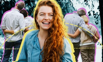 Composite of happy woman; in the background are the backviews of two couples