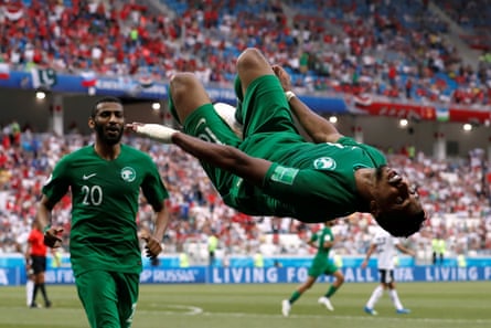 Saudi Arabia’s Salem al-Dawsari celebrates scoring against Egypt.