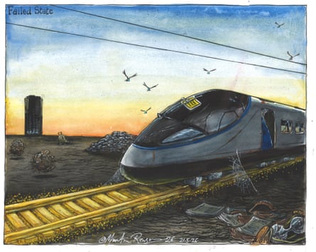 A cartoon depicting the spiralling cost of HS2, with an abandoned train collecting cobwebs and a parking fine.