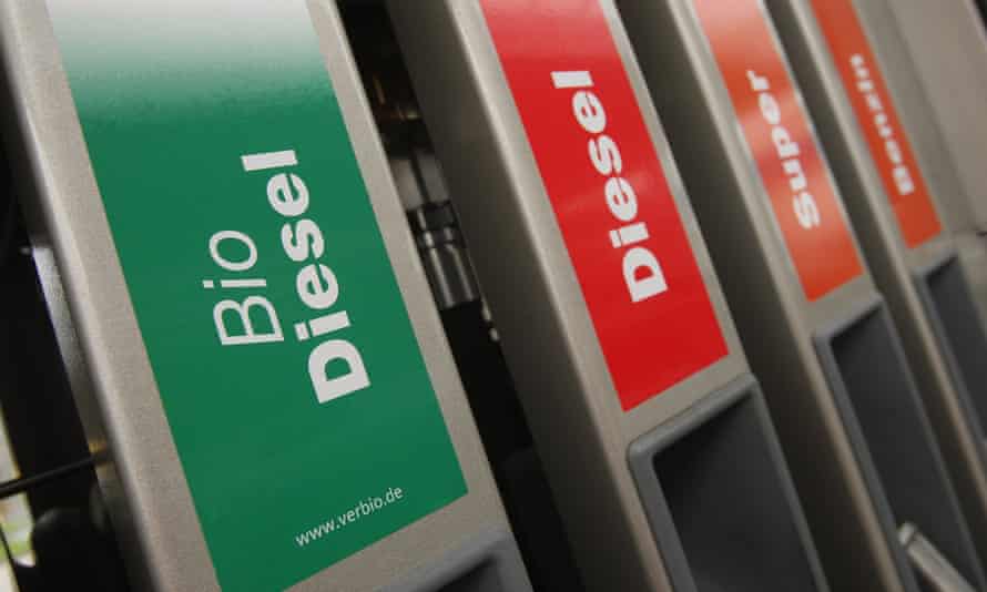 Signs on gasoline pumps show biodiesel, or ethanol, diesel and regular gasoline