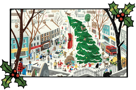 Caricature de la scène de Noël, avec arbre et acheteurs