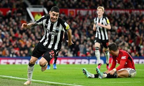Miguel Almiron of Newcastle United celebrates after scoring their sides first goal during the Carabao Cup Fourth Round match between Manchester United and Newcastle United.