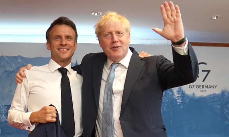 Boris Johnson and Emmanuel Macron ahead of their bilateral meeting on the first day of the three-day G7 summit at Schloss Elmau in Bavaria, Germany