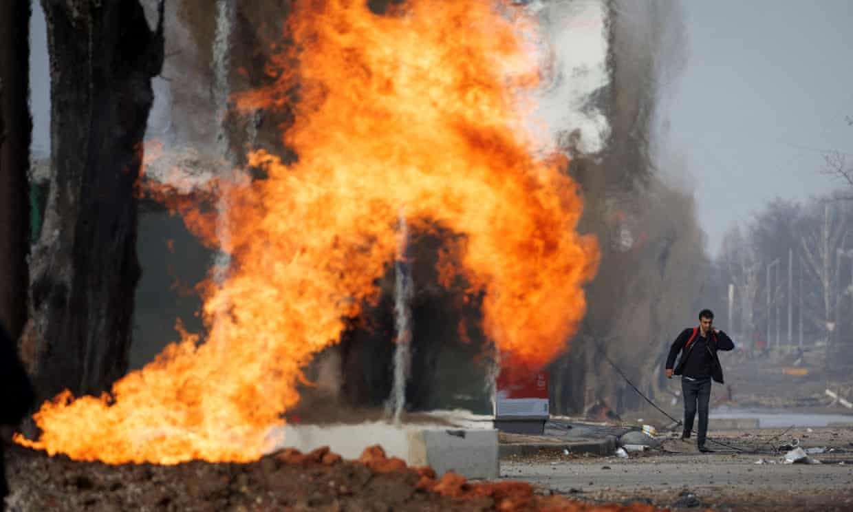 A gas pipeline burns after it was hit during shelling from Russian positions in northern Kharkiv in Ukraine. Photograph: Thomas Peter/Reuters