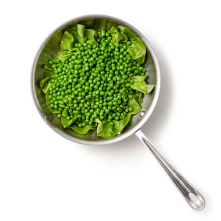 Perfect petit pois a la Francais step 02b. Add the peas, half the mint, a good pinch of salt, the remaining butter, diced and spread out amongst the peas...