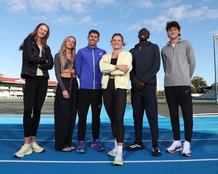 Nicola Olyslagers, Georgia Hunter Bell, Reece Langdon, Nina Kennedy, Gout Gout and Cameron Myers pose before the 2026 Maurie Plant Meet at Lakeside Stadium