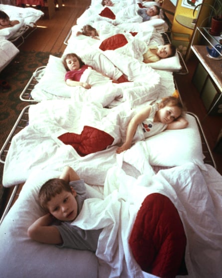 Young children suffering intestinal problems from exposure to radiation rest in a hospital ward in Syekovo, a village near the Chernobyl nuclear plant on April 21, 1990.