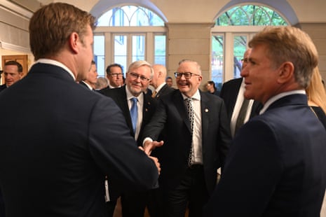 Anthony Albanese and Kevin Rudd speak to members of the Friends of Australia Caucus