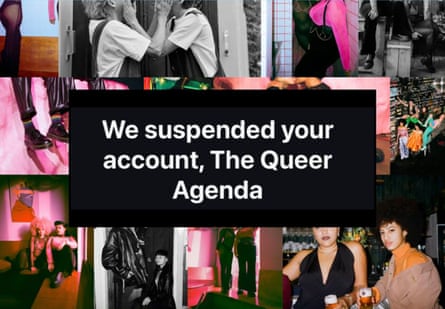 A black box that says ‘We suspended your account, The Queer Agenda’ in the middle of squares of social media content