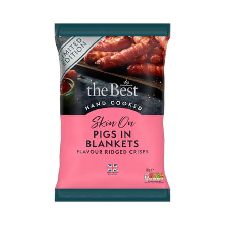 Morrisons The Best skin on pigs in blankets flavour ridged crisps 125g packet