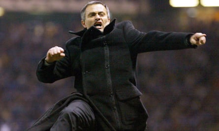 Mourinho charges down the Old Trafford touchline after knocking Manchester United out of the Champions League as Porto manager in 2004