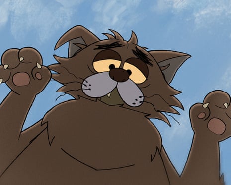 Puke, an animated furry brown cat character, raises its clawed paws with wide eyes against a blue sky