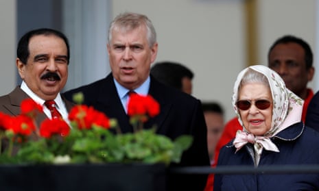 Queen Elizabeth, Prince Andrew and the King of Bahrain attend the Royal Windsor Horse Show in 2018.