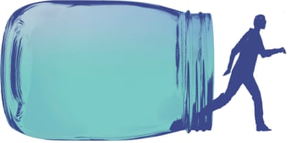 Illustration showing a man walking out of jar