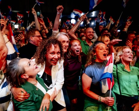 Democrats 66 (D66) party members celebrate after the polls closed in the Dutch general election, in Leiden, the Netherlands.