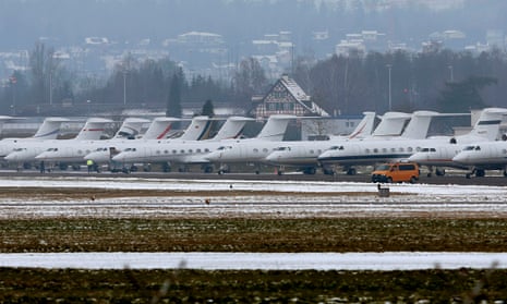 Passenger jets at the Swiss Airforce base in Duebendorf, Switzerland. The airport is used for arrivals and departures at the World Economic Forum in Davos