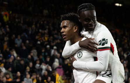 Estevão and Tyrique George celebrate during Chelsea’s 4-3 win against Wolves