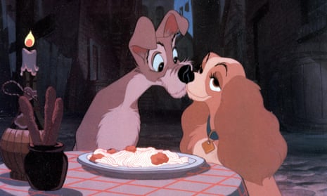 Lady and the Tramp during their famous spaghetti sharing scene.