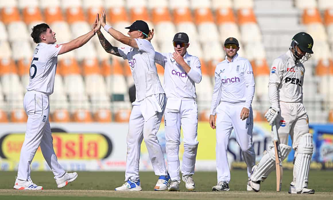 Matthew Potts high-fives Brydon Carse after taking the wicket of Saim Ayub on a day when England featured an all-Durham seam attack for the first time.