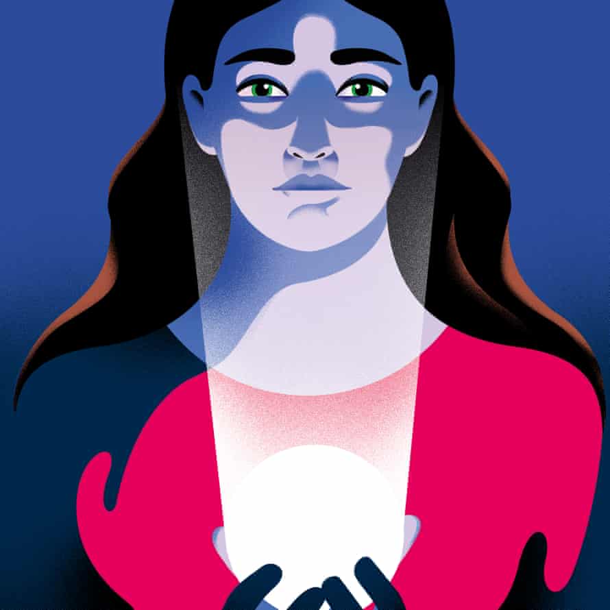 Illustration of woman holding light to face