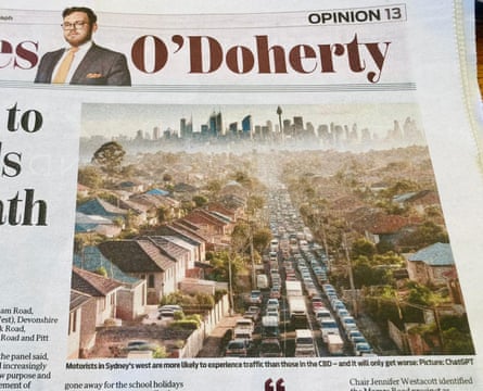 An opinion piece by Daily Telegraph journalist James O’Doherty, which was accompanied by an image of a traffic jam going though a fictional western Sydney suburb, credited to ChatGPT.