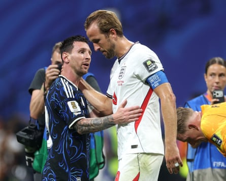 Lionel Messi of Argentina is congratulated by Harry Kane of England after the 2-1 win.