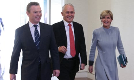 Malcolm Turnbull, Julie Bishop and  Christopher Pyne arrive for the first  Liberal party room meeting in Parliament House