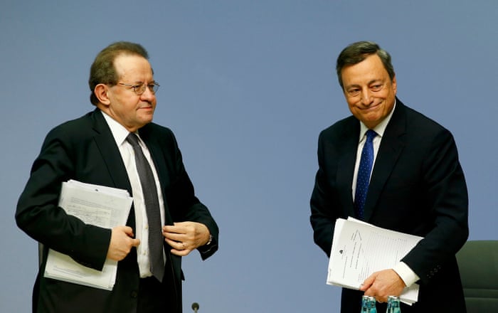 European Central Bank President Draghi and Vice President Constancio leaving today’s news conference at the ECB headquarters in Frankfurt.
