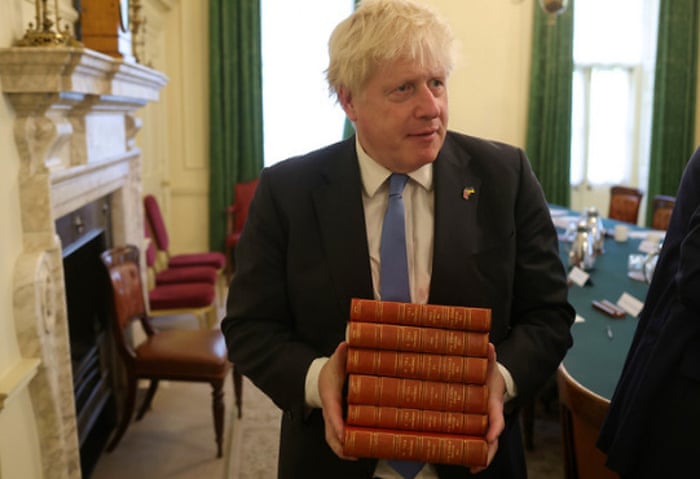 Boris Johnson with Churchill’s six-volume history of the second world war