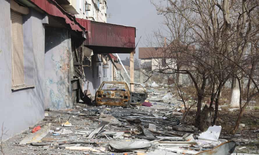 A view of destruction and damage after shelling in the Ukrainian city of Mariupol on March 27, 2022.