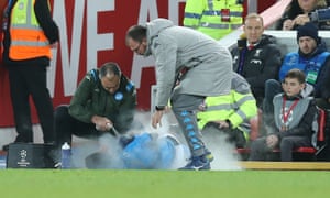 Liverpool v Napoli, UEFA Champions League, Group E, Football, Anfield, UK - 27 Nov 2019Editorial Use Only Mandatory Credit: Photo by Magi Haroun/REX/Shutterstock (10486408a) Giovanni Di Lorenzo of Napoli injured on sideline and sprayed by physio.