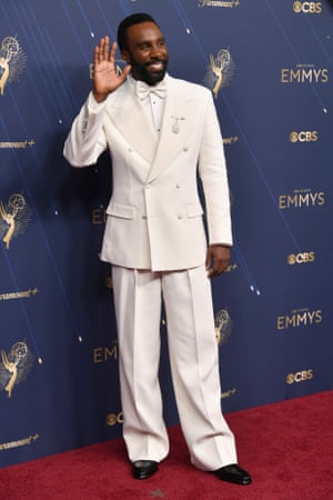 Outstanding supporting actor in a drama winner Tramell Tillman (Severance) also got the all white memo in a Dolce and Gabbana suit.