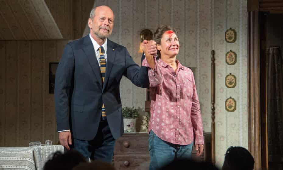 Bruce Willis and Laurie Metcalf take a curtain call for Misery. Willis uses an earpiece ‘as a safety net’