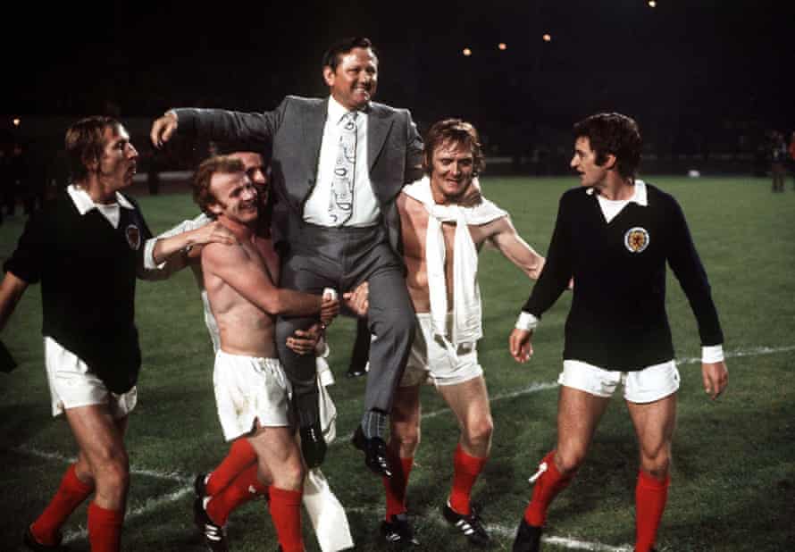 Scotland’s manager Wille Ormond is chaired off the field by his players Tommy Hutchison, Billy Bremner, Danny McGrain, David Hay and Willie Morgan